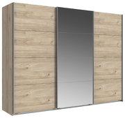 Moderner dreitüriger Schwebetürenschrank in Holzoptik mit mittlerer Spiegeltür, seitliche Perspektive