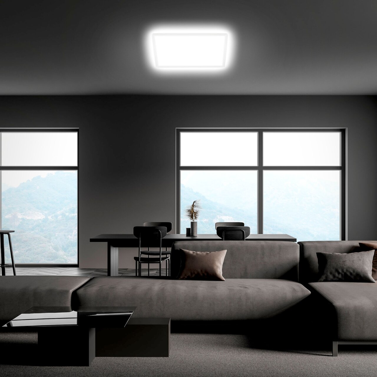 Moderne LED-Deckenleuchte in einem stilvollen Wohnzimmer, von unten betrachtet.