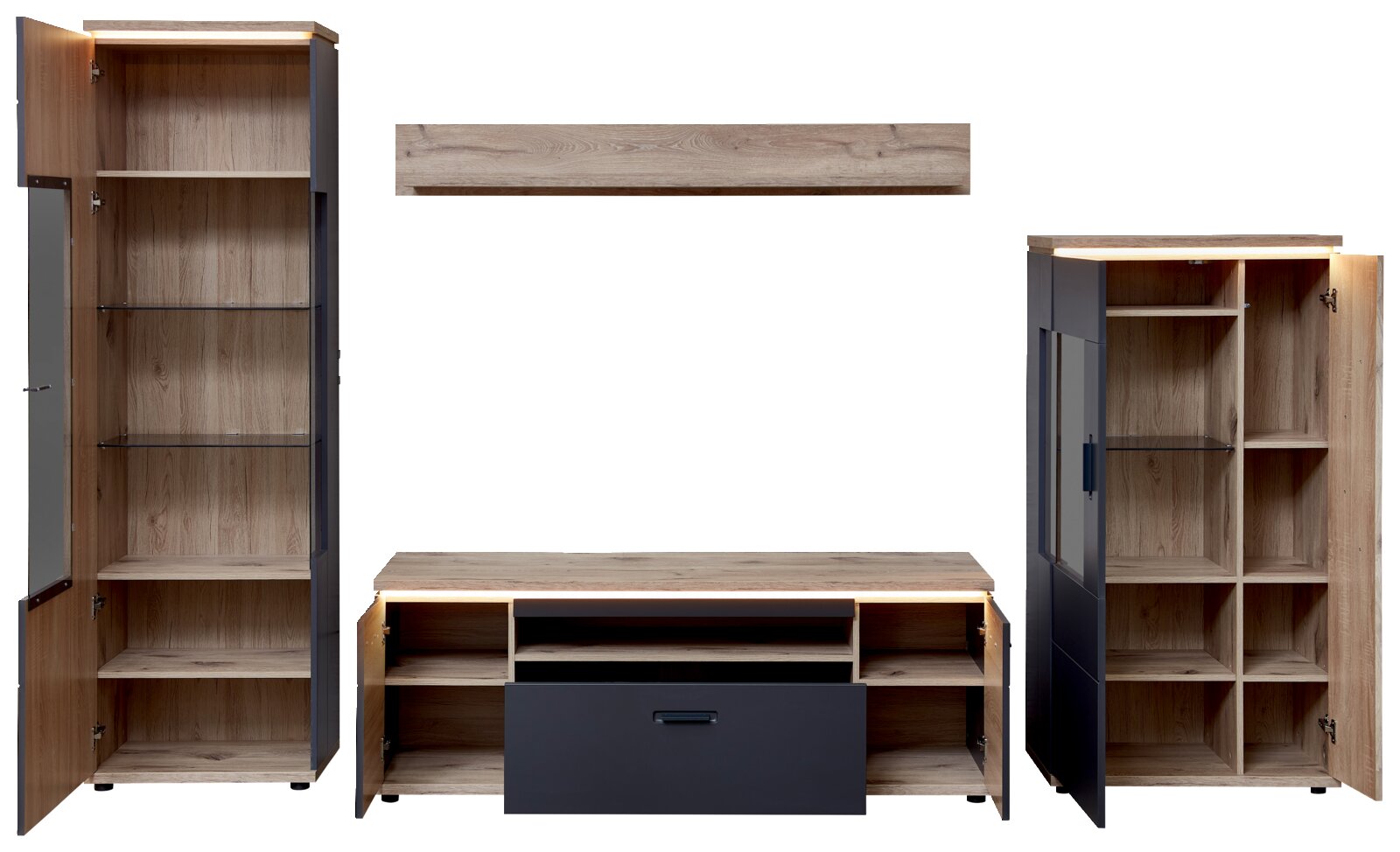 Moderne Wohnzimmerschränke in Holzoptik und Anthrazit mit integrierter LED-Beleuchtung, offene Türen und sichtbare Fächer/Glasböden; Ansicht frontal mit leicht seitlicher Perspektive.