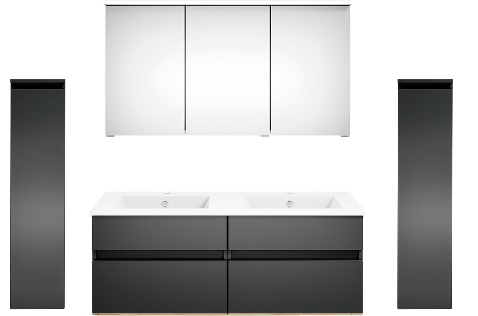 Puris Badkombination GET2YOU 21 Moderne Badkombination mit zwei Waschbecken, zwei hohen Schränken und einem großen Spiegelschrank, Frontalansicht