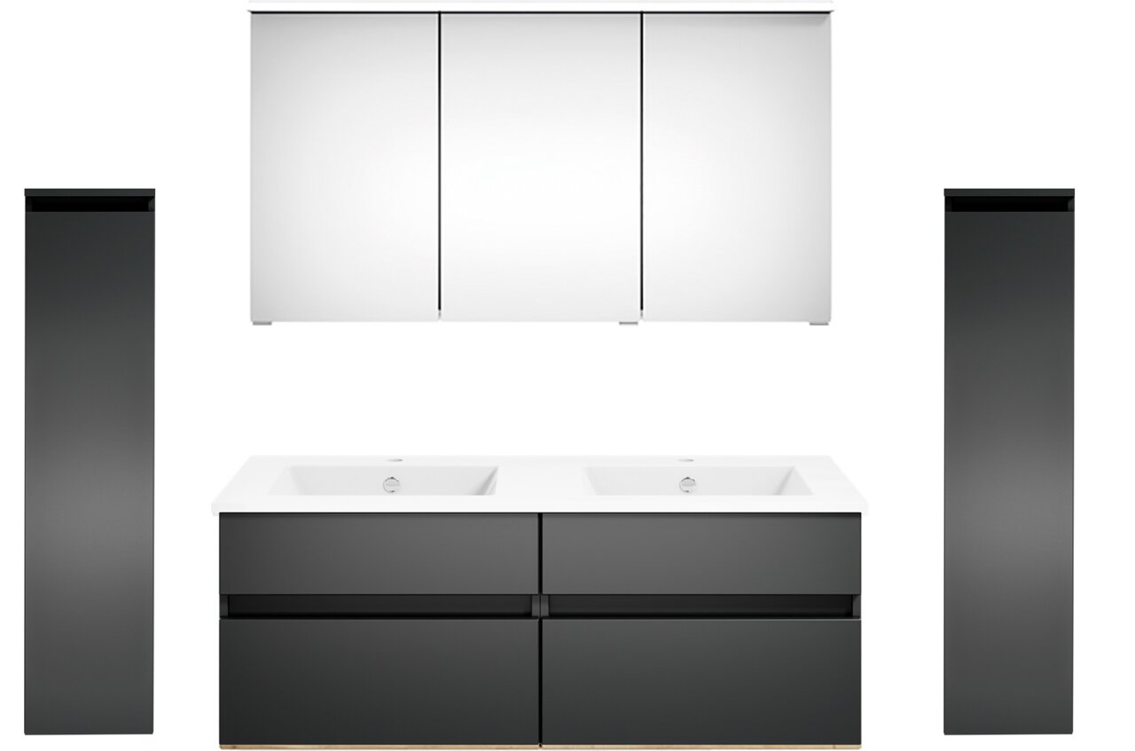 Moderne Badkombination mit zwei Waschbecken, zwei hohen Schränken und einem großen Spiegelschrank, Frontalansicht