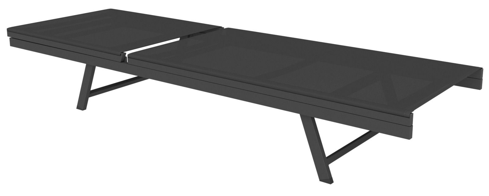 Schwarze Sonnenliege aus Metall, seitliche Perspektive