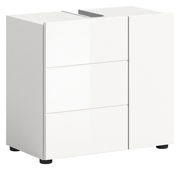 Weißer Waschbeckenunterschrank mit drei Schubladen und einer Tür, perspektivisch von vorne links betrachtet.