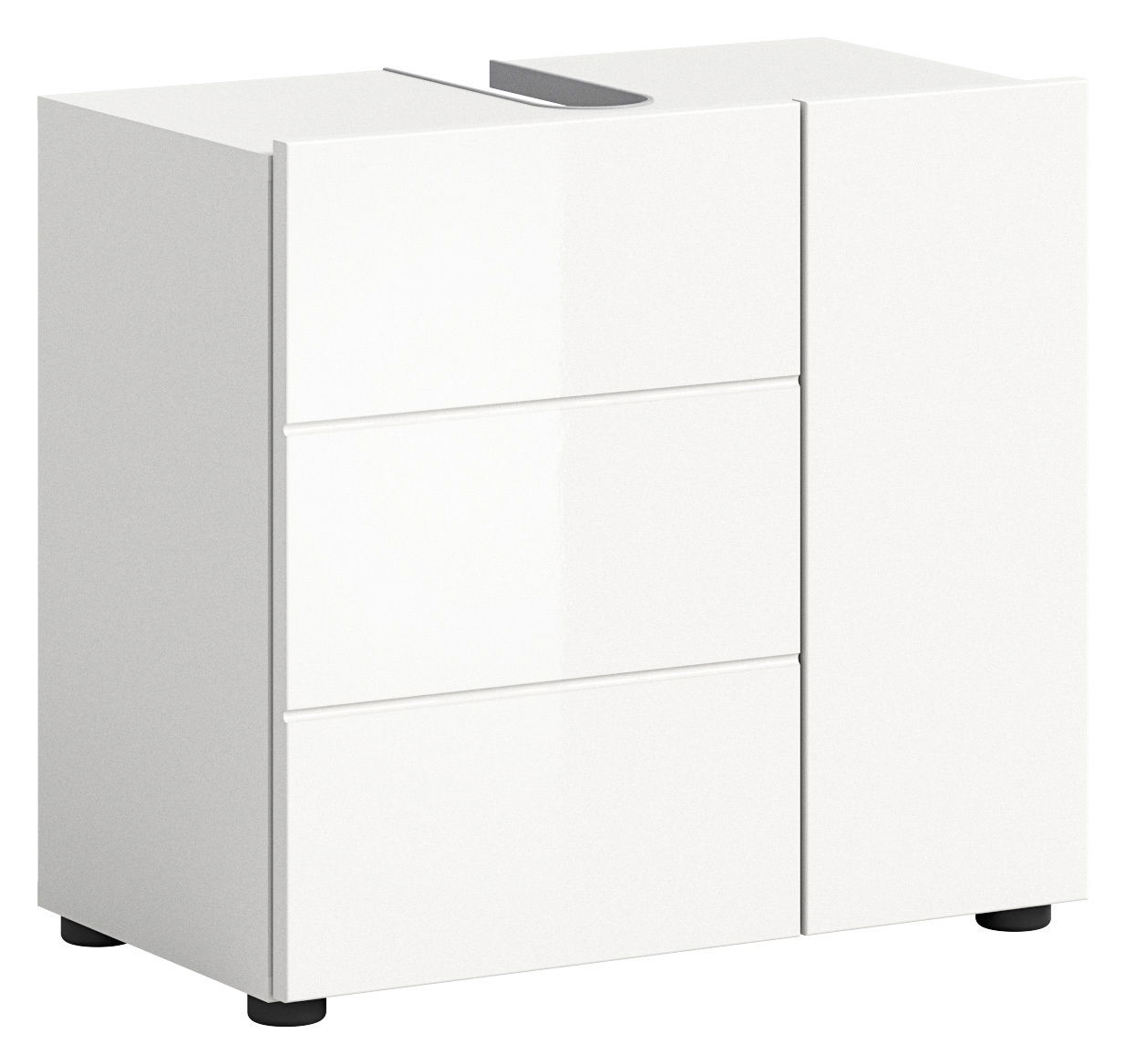 Weißer Waschbeckenunterschrank mit drei Schubladen und einer Tür, perspektivisch von vorne links betrachtet.