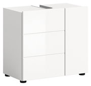 Weißer Waschbeckenunterschrank mit drei Schubladen und einer Tür, perspektivisch von vorne links betrachtet.