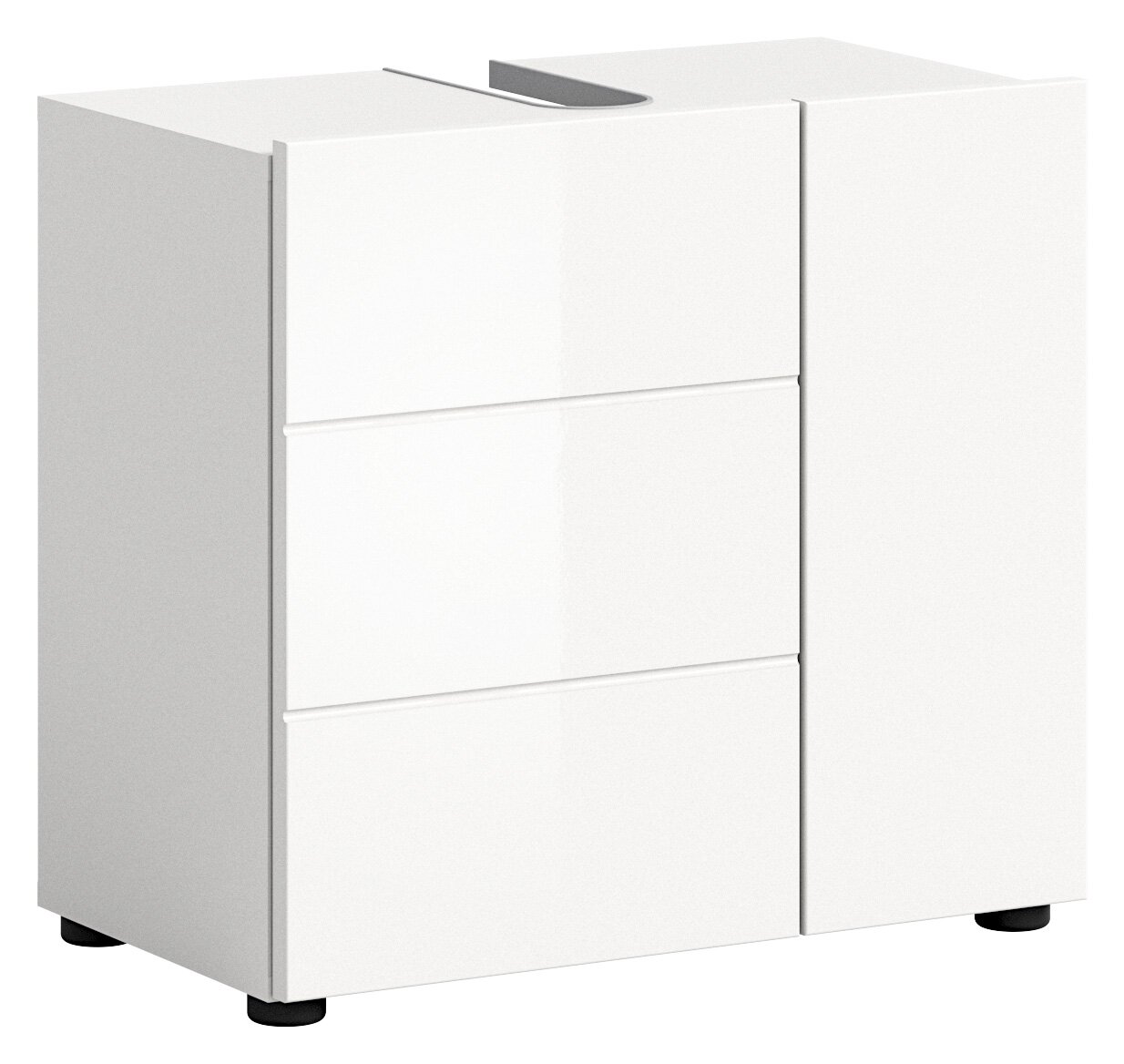 Weißer Waschbeckenunterschrank mit drei Schubladen und einer Tür, perspektivisch von vorne links betrachtet.