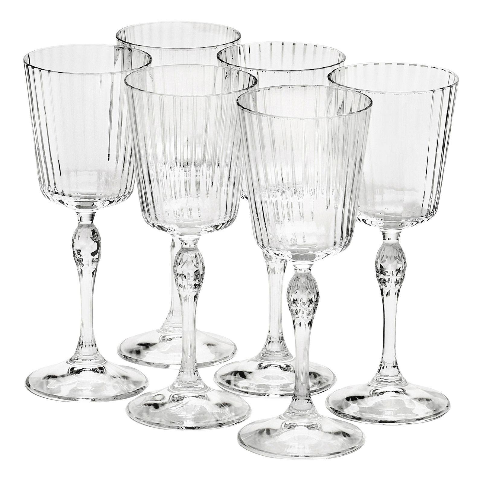 Sechsteiliges Set von eleganten Cocktailgläsern mit geriffeltem Design, aus seitlicher Perspektive fotografiert.