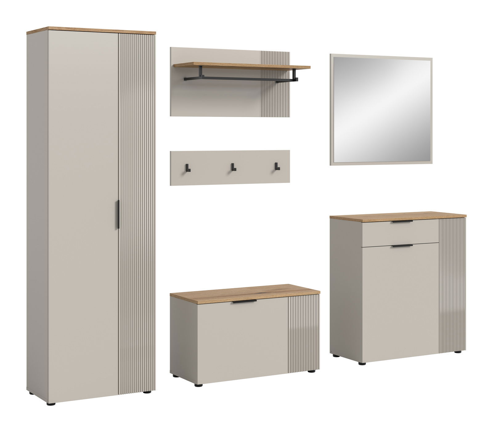 Garderobenkombination bestehend aus einem hohen Schrank, einer Wandgarderobe mit Haken und Ablage, einem Spiegel, einer Sitzbank mit Stauraum und einem Kommodenschrank, frontal abgebildet.