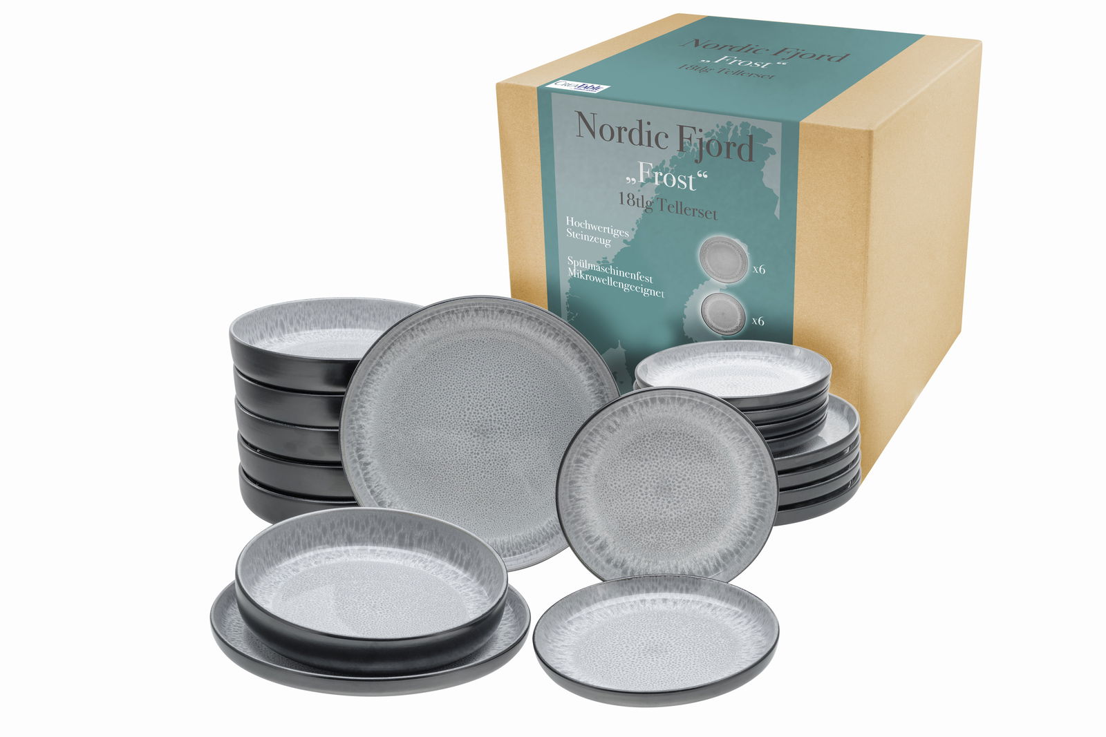 18-teiliges Tellerset 'Frost' aus hochwertigem Steingut, in seitlicher Perspektive gezeigt. Enthält verschiedene Tellergrößen in elegantem Grau mit schwarzem Rand, verpackt in einer dekorativen Box.