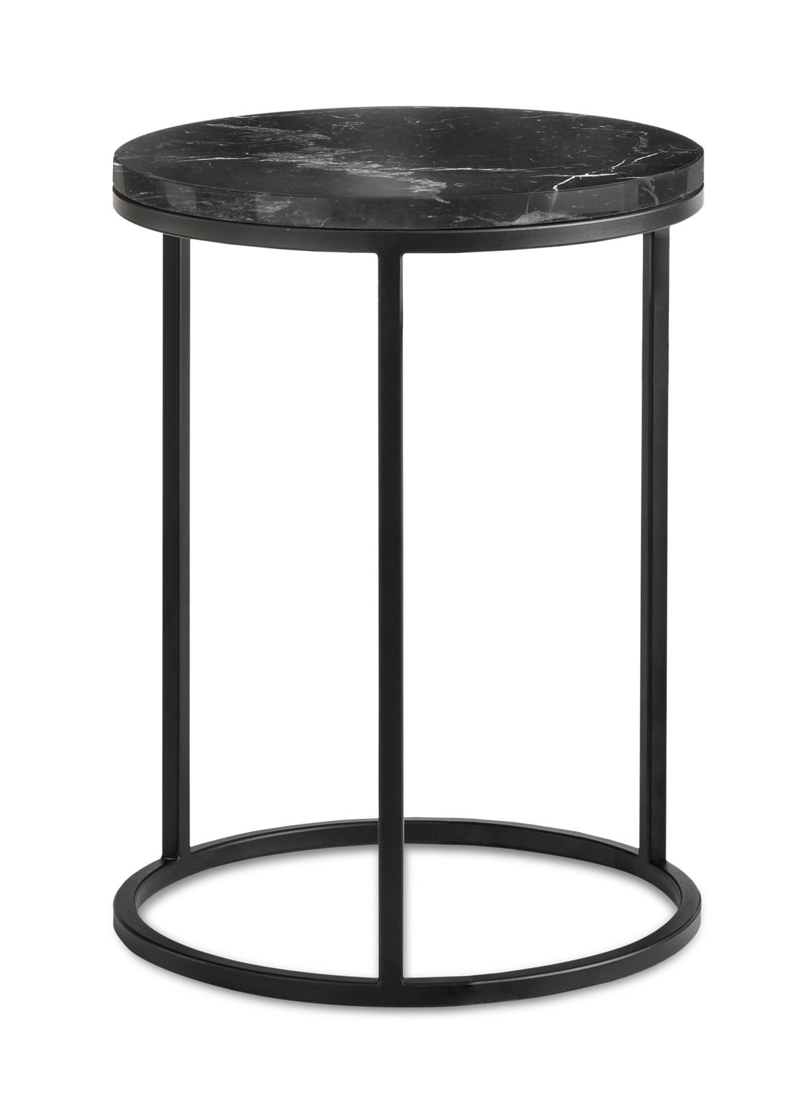 Runder Beistelltisch mit schwarzer Marmorplatte und schwarzem Metallgestell, seitliche Perspektive