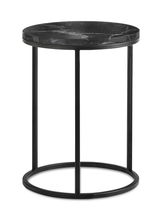 Runder Beistelltisch mit schwarzer Marmorplatte und schwarzem Metallgestell, seitliche Perspektive