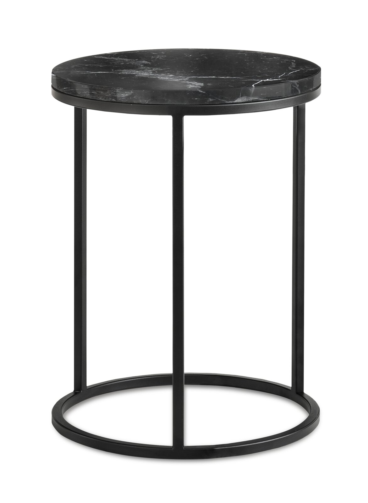 Runder Beistelltisch mit schwarzer Marmorplatte und schwarzem Metallgestell, seitliche Perspektive