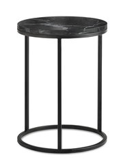 Runder Beistelltisch mit schwarzer Marmorplatte und schwarzem Metallgestell, seitliche Perspektive