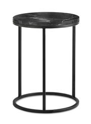 Runder Beistelltisch mit schwarzer Marmorplatte und schwarzem Metallgestell, seitliche Perspektive