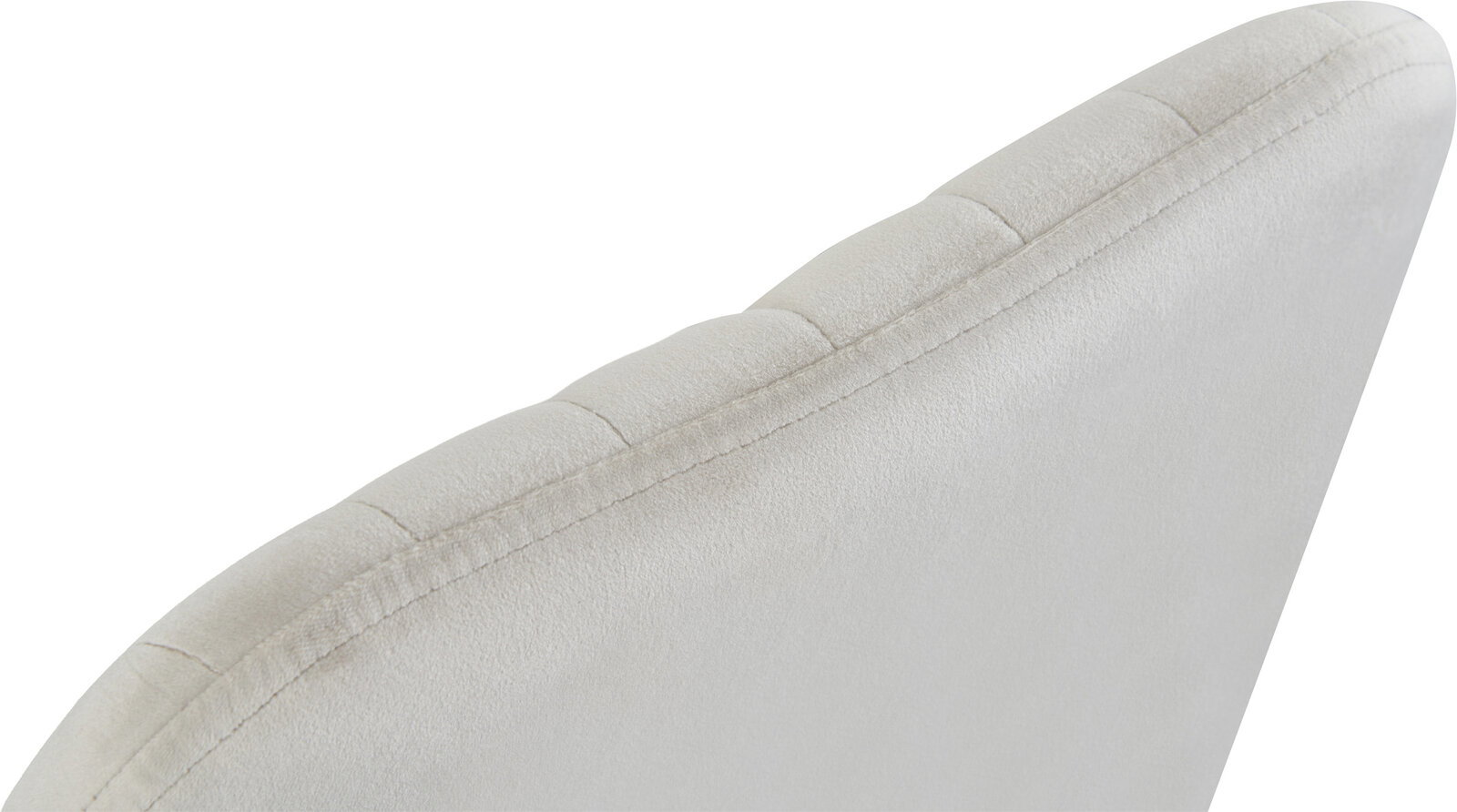 Nahaufnahme der Rückseite eines hellbeigen, gepolsterten Stuhlsessels mit sichtbarer Naht und segmentierter Polsterung, schräg von hinten oben fotografiert