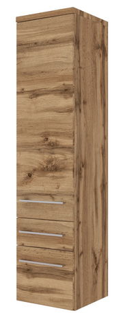 Holzfarbener Midischrank mit drei Schubladen, seitliche Perspektive