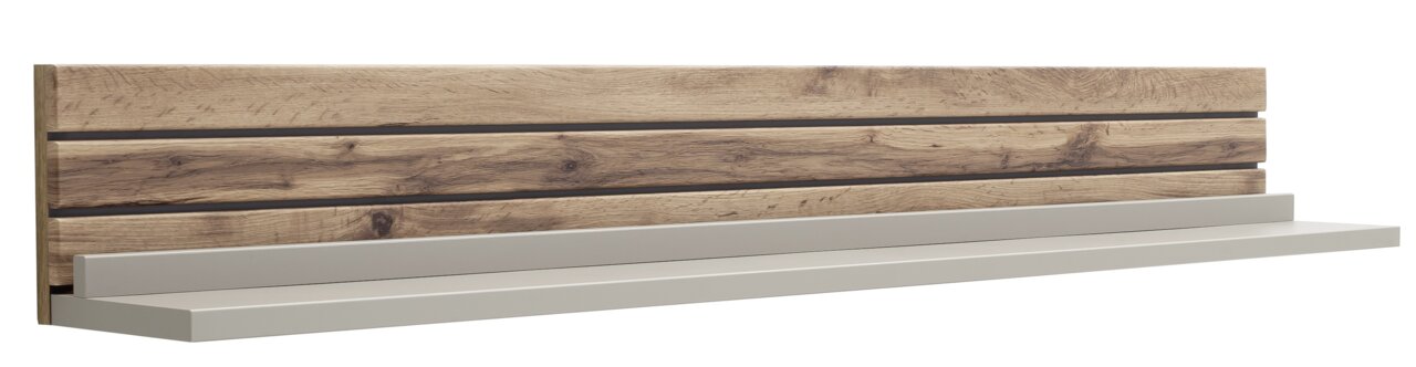 Wandboard aus Holz mit natürlicher Maserung und grauer Ablagefläche, seitliche Perspektive