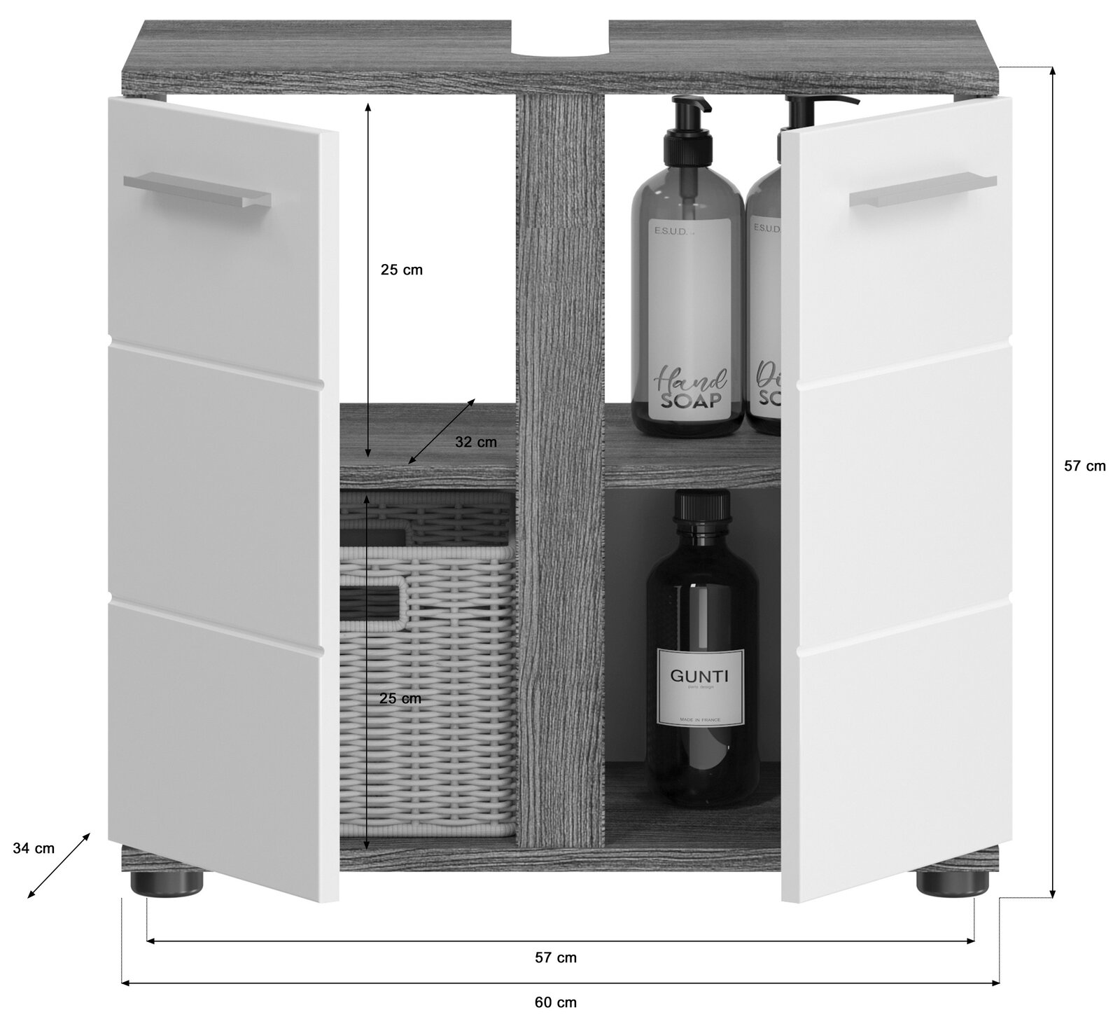 Waschbeckenunterschrank mit zwei offenen Türen, zeigt Innenraum mit Regalen und gelagerten Gegenständen, Frontansicht