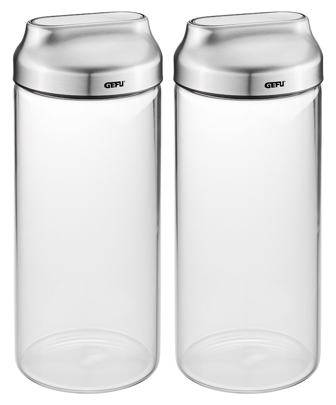 GEFU Vorratsdosen 1300 ml, 2er-Set KIPPO Zwei transparente Vorratsdosen mit silbernem Deckel, frontal fotografiert.