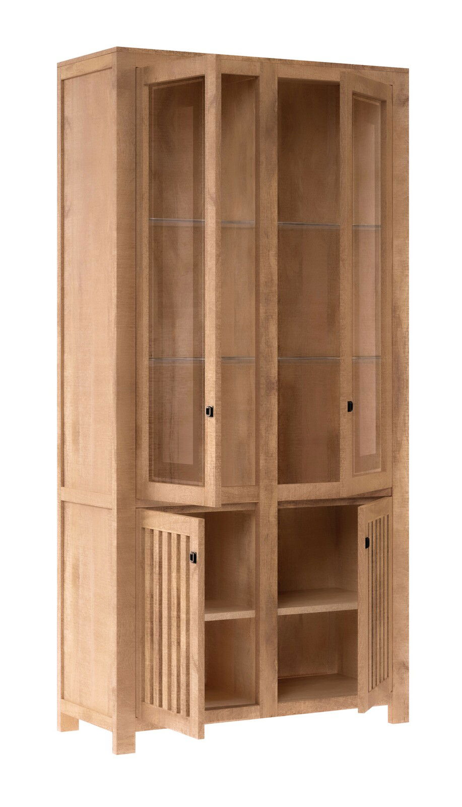 Holzvitrine mit Glastüren und Regalböden, seitliche Perspektive