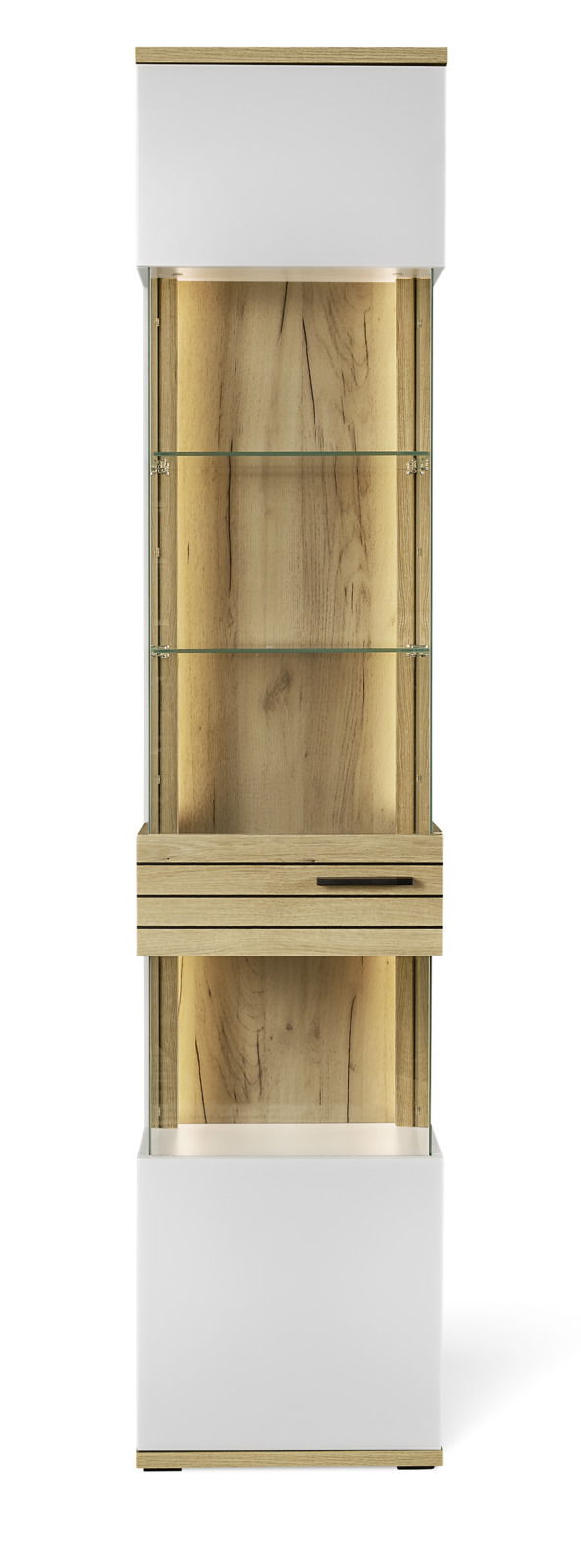Moderne Vitrine aus Holz und Glas mit zwei Glasböden und einer Schublade, frontal betrachtet.