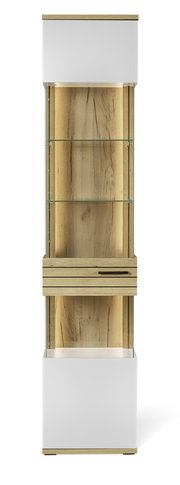 Moderne Vitrine aus Holz und Glas mit zwei Glasböden und einer Schublade, frontal betrachtet.