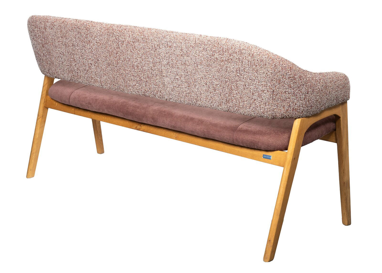 Linea Natura Sitzbank BERTI Rückansicht einer modernen Sitzbank mit Holzgestell und gepolsterter Rückenlehne in beige und braunem Sitzkissen.