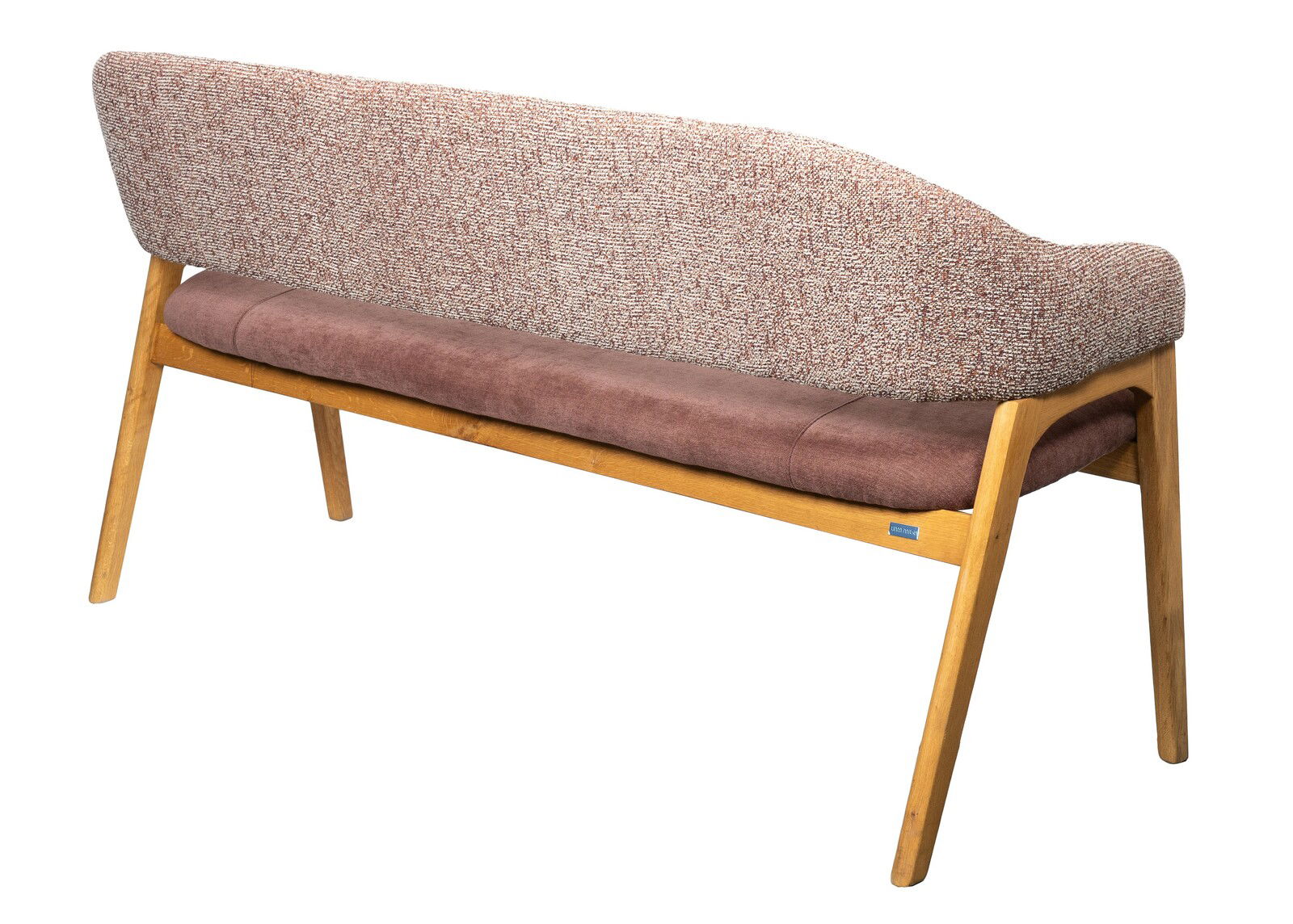 Rückansicht einer modernen Sitzbank mit Holzgestell und gepolsterter Rückenlehne in beige und braunem Sitzkissen.