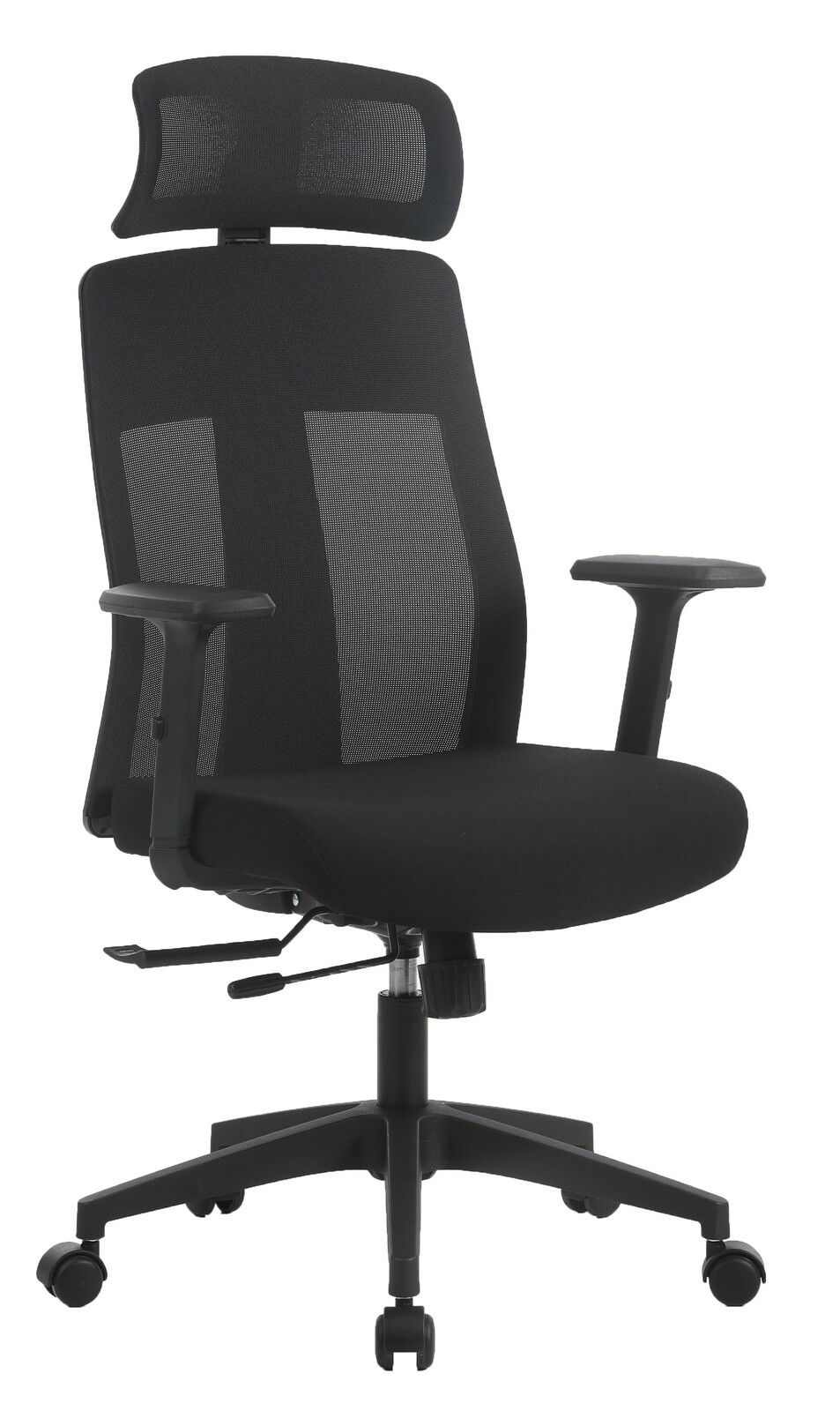 Schwarzer Drehstuhl Novel MALU mit Kopfstütze und Armlehnen, seitliche Perspektive