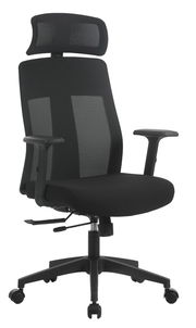 Schwarzer Drehstuhl Novel MALU mit Kopfstütze und Armlehnen, seitliche Perspektive