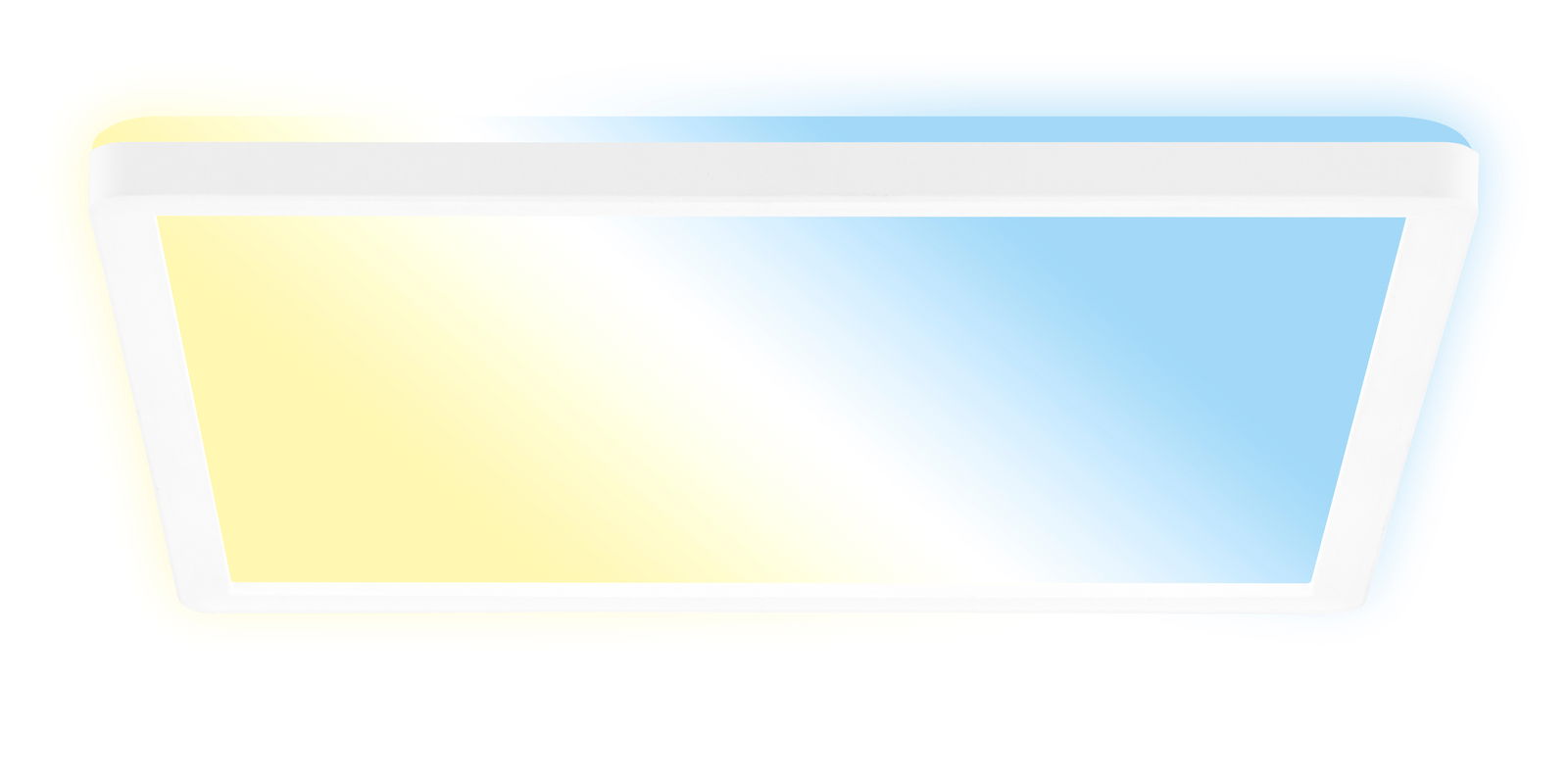 Rechteckige LED-Deckenleuchte mit zweifarbiger Beleuchtung in Gelb und Blau, seitliche Perspektive