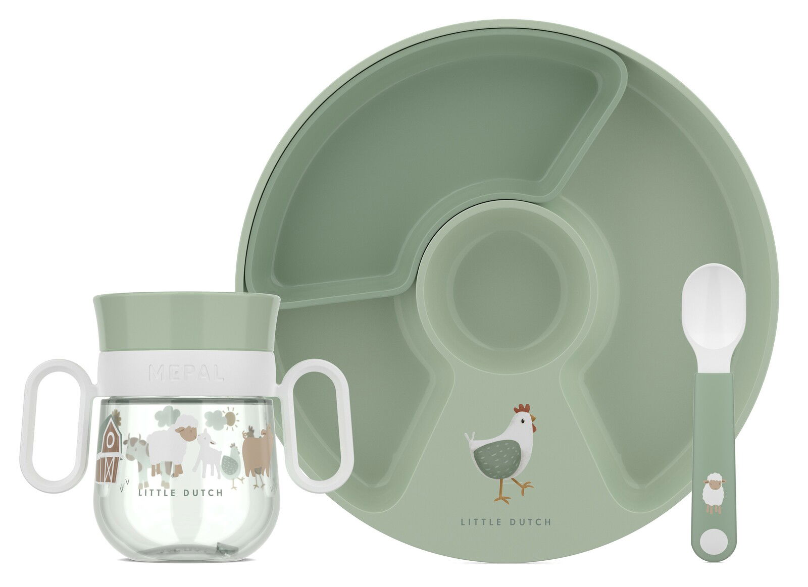 Babygeschirr-Set bestehend aus einem Teller mit Unterteilungen, einem Becher mit zwei Griffen und einem Löffel, in sanftem Grün mit Tiermotiven, aus der Vogelperspektive.