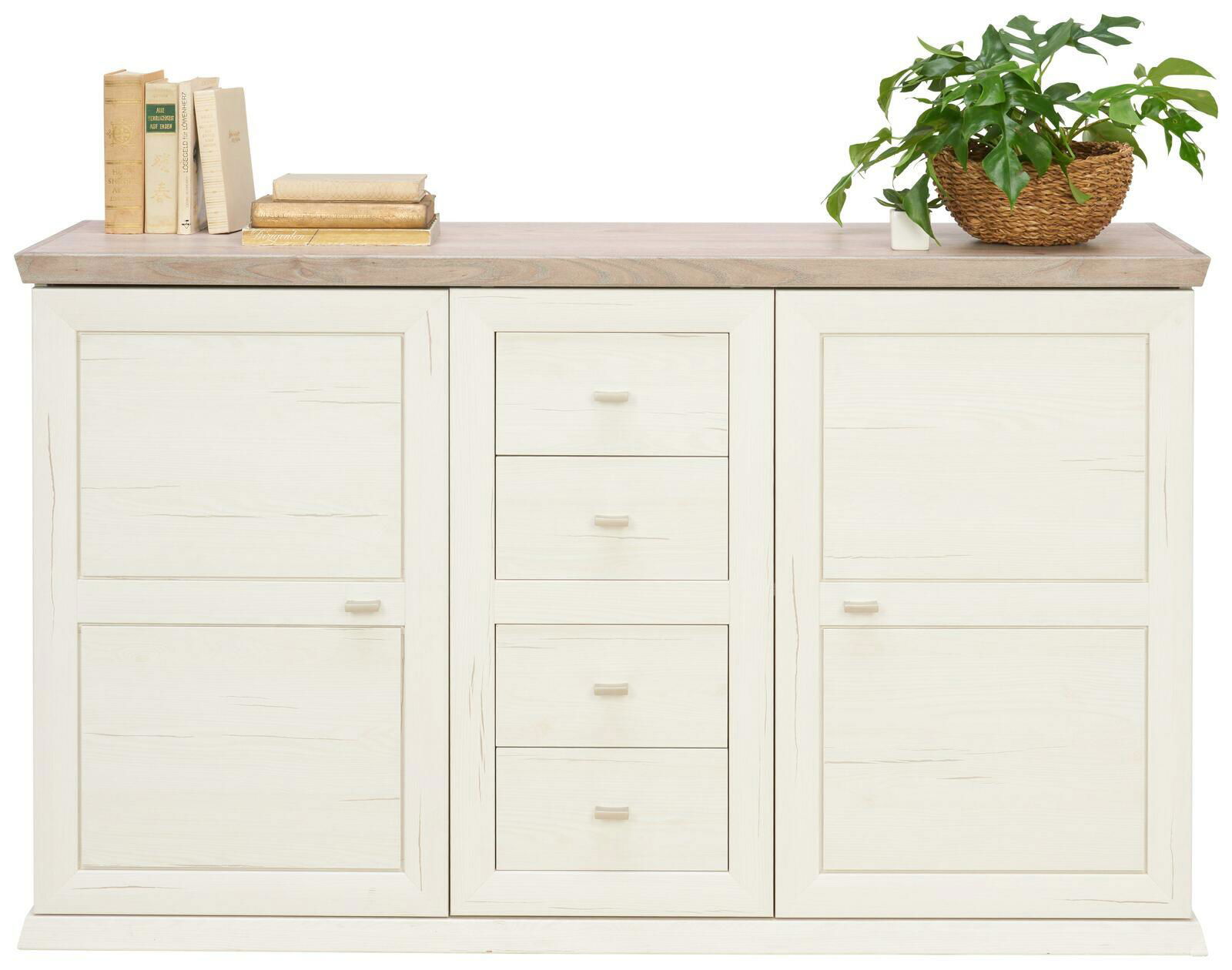 Weißes Sideboard mit drei Schubladen in der Mitte, zwei Türen an den Seiten, dekoriert mit Büchern und einer Pflanze, frontale Perspektive