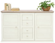 Weißes Sideboard mit drei Schubladen in der Mitte, zwei Türen an den Seiten, dekoriert mit Büchern und einer Pflanze, frontale Perspektive