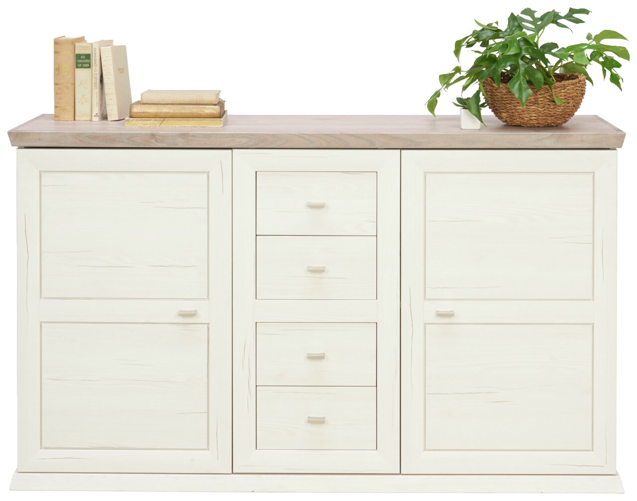 Weißes Sideboard mit drei Schubladen in der Mitte, zwei Türen an den Seiten, dekoriert mit Büchern und einer Pflanze, frontale Perspektive