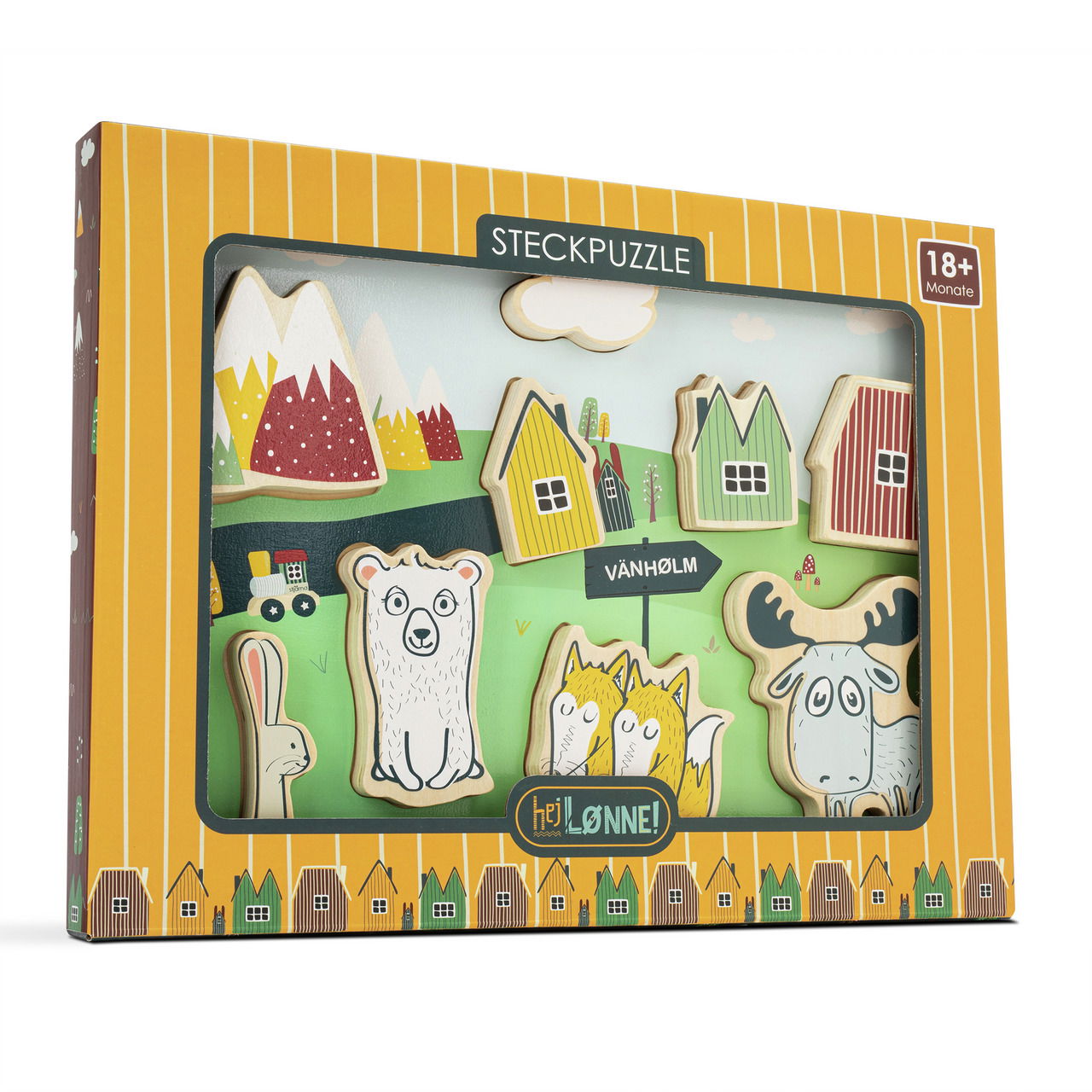 Steckpuzzle mit Tiermotiven und Landschaft, seitliche Perspektive