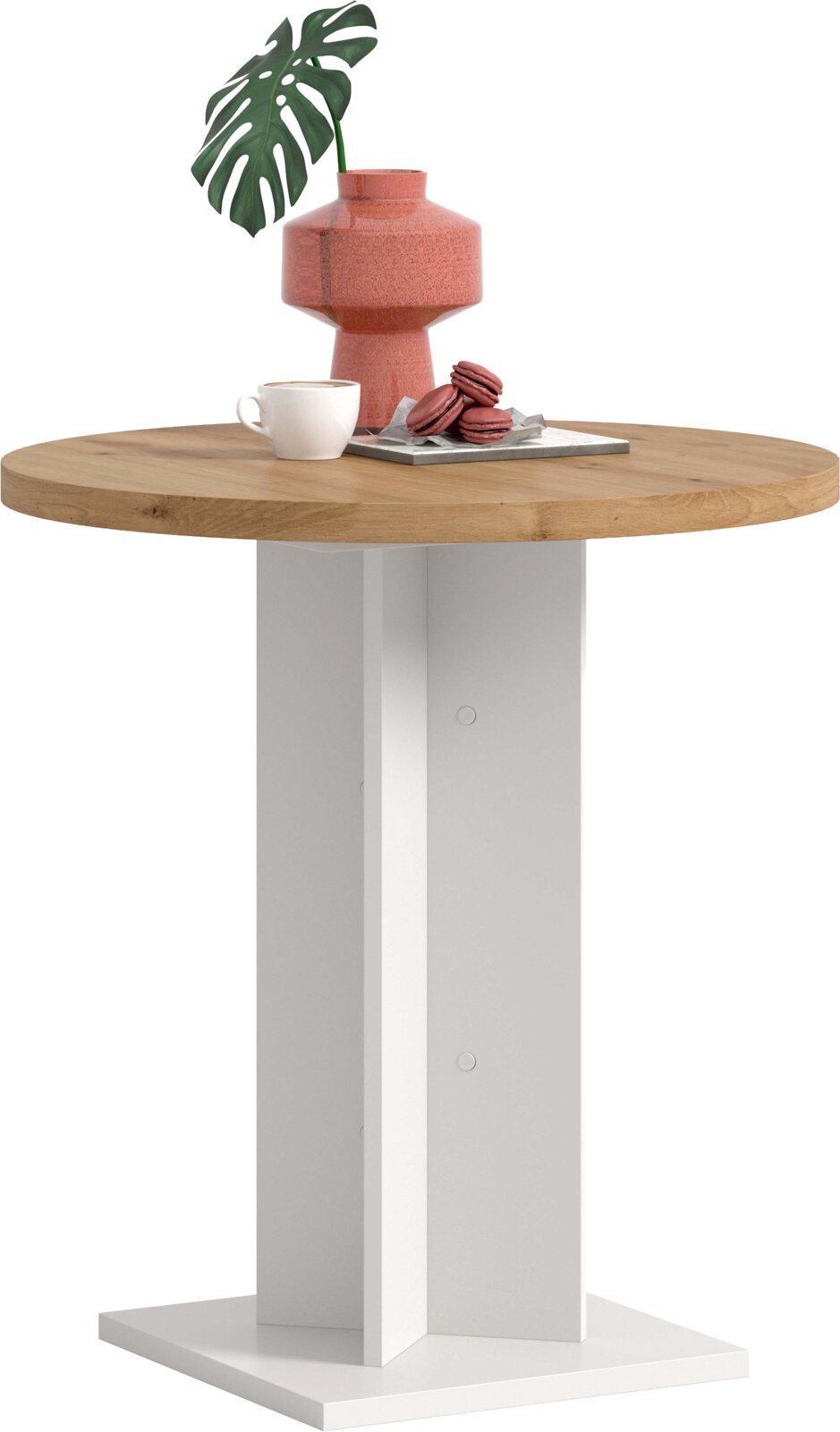 MID.YOU Esstisch GUSTAV Runder Stehtisch mit heller Holzplatte und weißem Mittelfuß auf quadratischer Bodenplatte, frontal in leichter Aufsicht fotografiert; auf der Tischplatte Deko mit rosa Vase, Blatt, Tasse und Makronen.