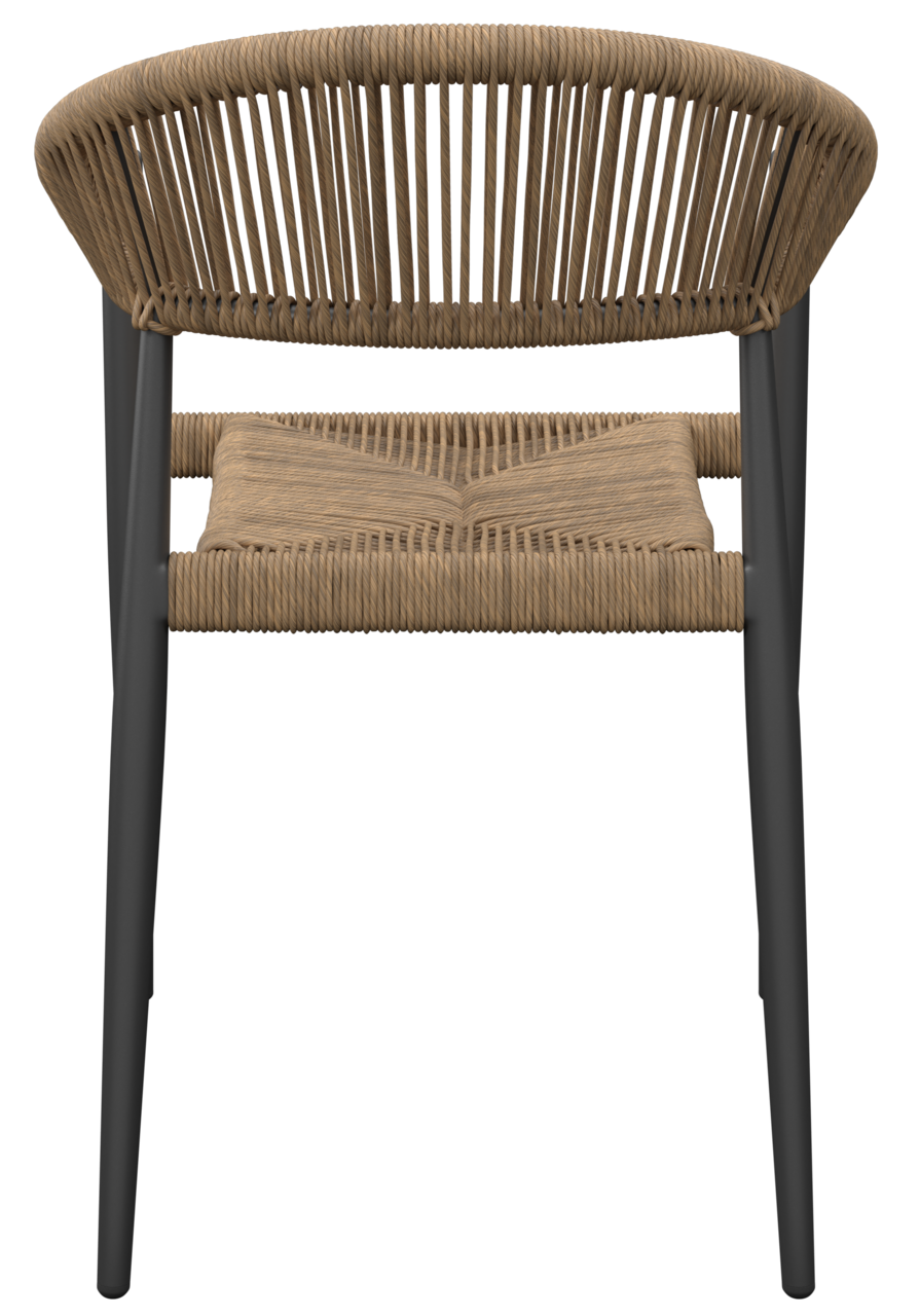 Rückansicht eines Stapelsessels mit geflochtenem Sitz und Rückenlehne, schwarzes Gestell.