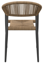 Rückansicht eines Stapelsessels mit geflochtenem Sitz und Rückenlehne, schwarzes Gestell.