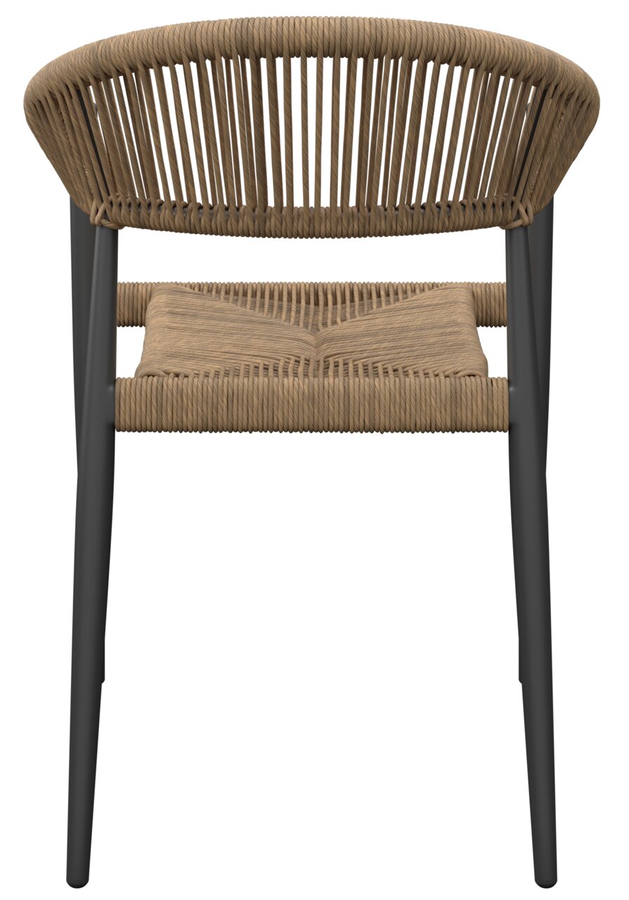 Rückansicht eines Stapelsessels mit geflochtenem Sitz und Rückenlehne, schwarzes Gestell.