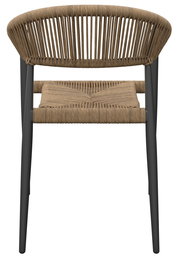 Rückansicht eines Stapelsessels mit geflochtenem Sitz und Rückenlehne, schwarzes Gestell.