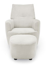 Vorderansicht eines modernen, cremefarbenen Sessels mit passendem Hocker, beide mit geripptem Stoffbezug.