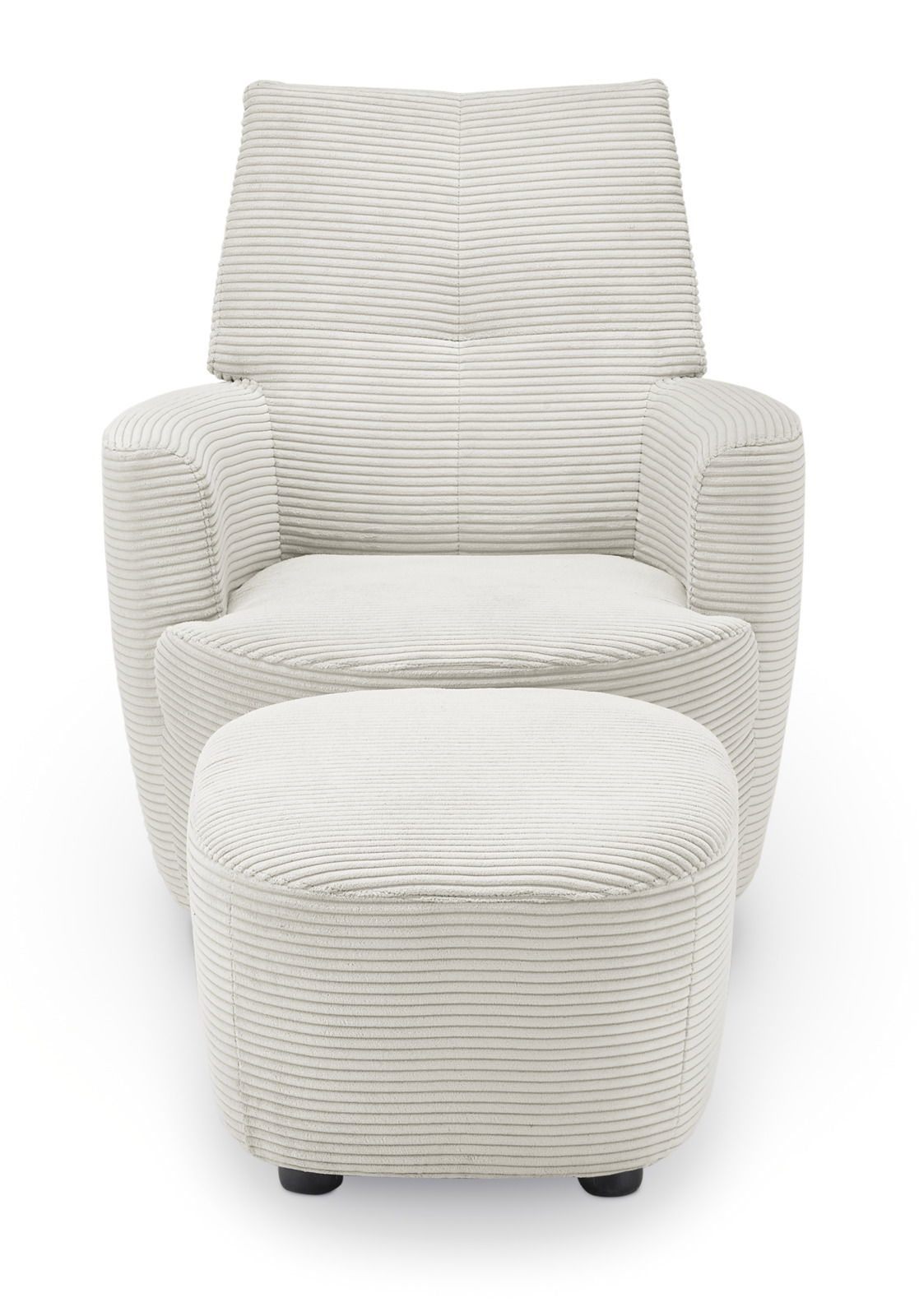 Vorderansicht eines modernen, cremefarbenen Sessels mit passendem Hocker, beide mit geripptem Stoffbezug.