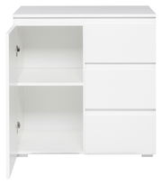 Weiße Kommode mit drei Schubladen auf der rechten Seite und einem offenen Schrank mit zwei Fächern auf der linken Seite, frontale Ansicht.