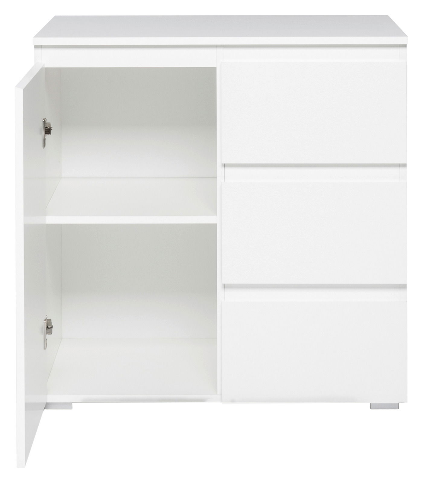 Weiße Kommode mit drei Schubladen auf der rechten Seite und einem offenen Schrank mit zwei Fächern auf der linken Seite, frontale Ansicht.