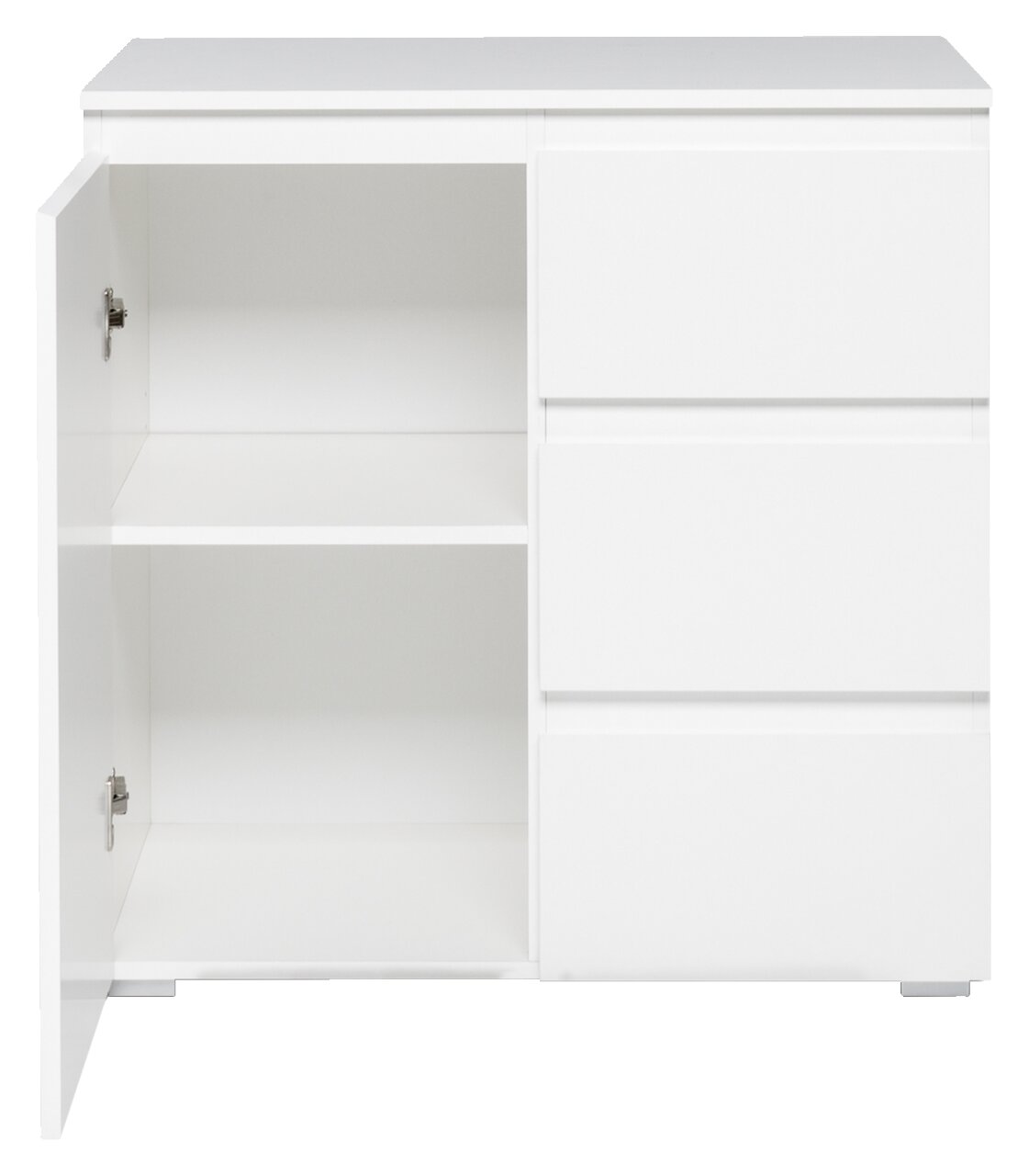 Weiße Kommode mit drei Schubladen auf der rechten Seite und einem offenen Schrank mit zwei Fächern auf der linken Seite, frontale Ansicht.