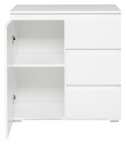 Weiße Kommode mit drei Schubladen auf der rechten Seite und einem offenen Schrank mit zwei Fächern auf der linken Seite, frontale Ansicht.