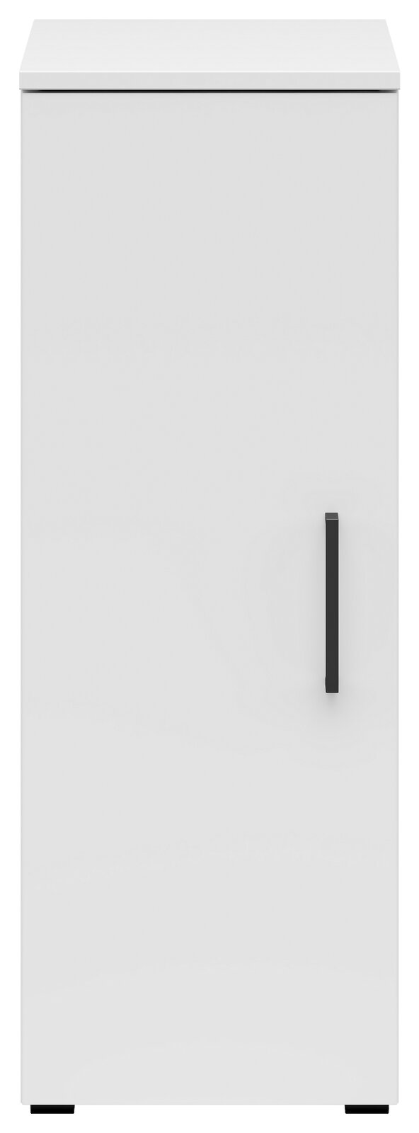 Frontansicht eines weißen Mehrzweckschranks mit schwarzem Griff
