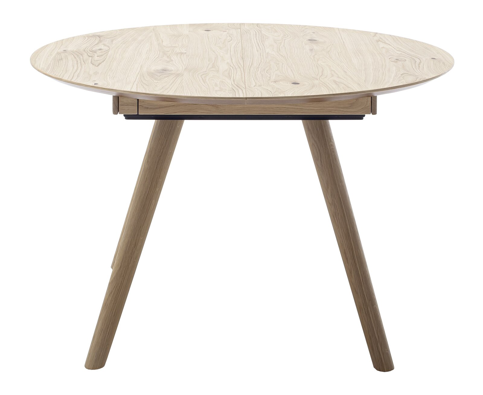 Runder Esstisch aus Holz mit drei Beinen, frontal fotografiert