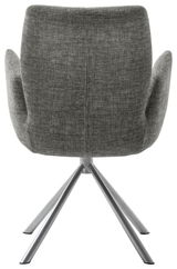Rückansicht eines modernen Sessels mit grauem Stoffbezug und Metallbeinen.